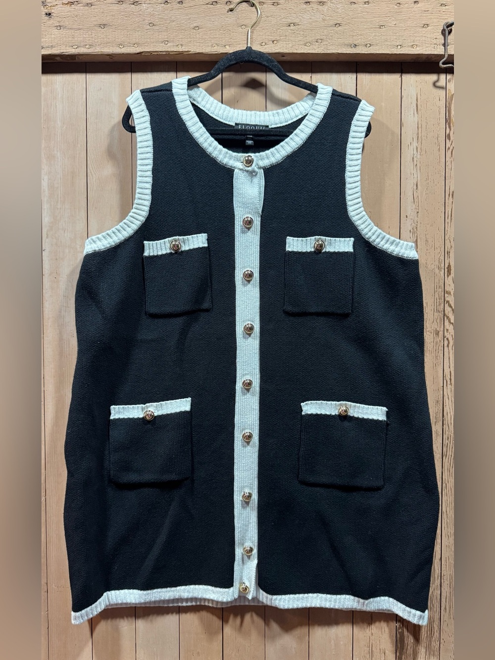 EUC Eloquii Black Knit Sleeveless Vest with White Trim and Gold Buttons